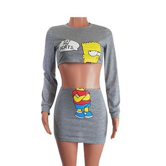Bart Simpson Long Sleeve Cropped Baby Tee Long Sleeve and Mini Skirt set Large - Picture 1 of 3